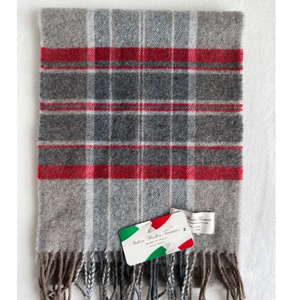 NWT Italian Woolen Treasures 100% Wool Scarf Gray‎ Red Stripes Fringe Unisex